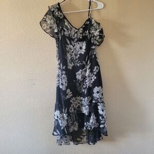 Colleen Lopez One Shoulder Ruffle Dress Midi Floral Black White Size 10 Chiffon